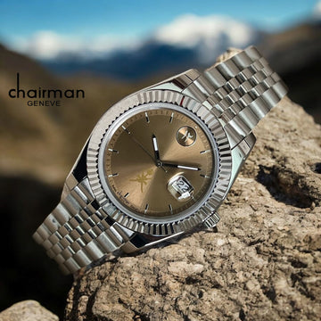 OMAN Emblem Chairman Geneve Arabic English Dated Brown Dial Silver Chain Gents Watch