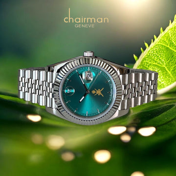 OMAN Emblem Chairman Geneve Arabic English Dated Green Dial Silver Chain Gents Watch