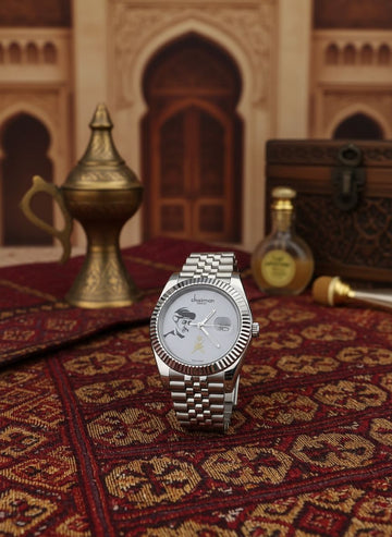 OMAN Emblem Chairman Geneve Baby Grey Sheikh Dated Dial Silver Chain Gents Watch