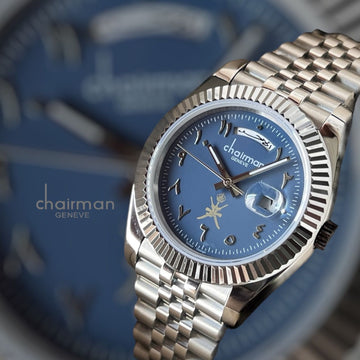 OMAN Emblem Chairman Geneve Dated Arabic Blue Dial Silver Chain Gents Watch