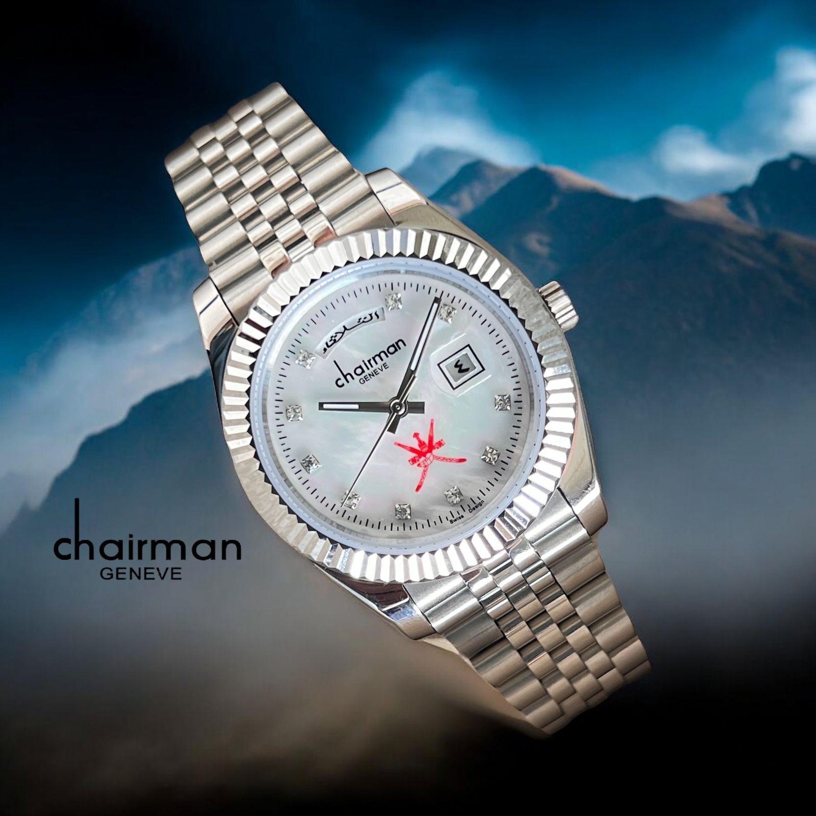 OMAN Emblem Chairman Geneve Dated White Stone Dial Silver Chain Gents Watch