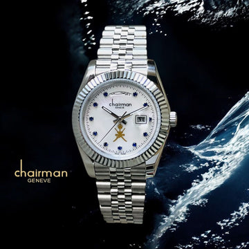 OMAN Emblem Chairman Geneve Dated White Stone Dial Silver Chain Gents Watch