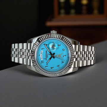 Oman Emblem Chairman Geneve Day And Dated Baby Blue Silver Chain Gents Watch