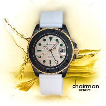 Quartz Chairman Geneve Dated Beige Dial White Strap Gents Watch