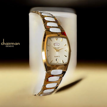 Quartz Chairman Geneve Day And Dated Off White Dial Gold And White Chain Gents Watch