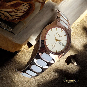 Quartz Chairman Geneve Day And Dated Off White Dial Rose Gold And White Chain Ladies Watch