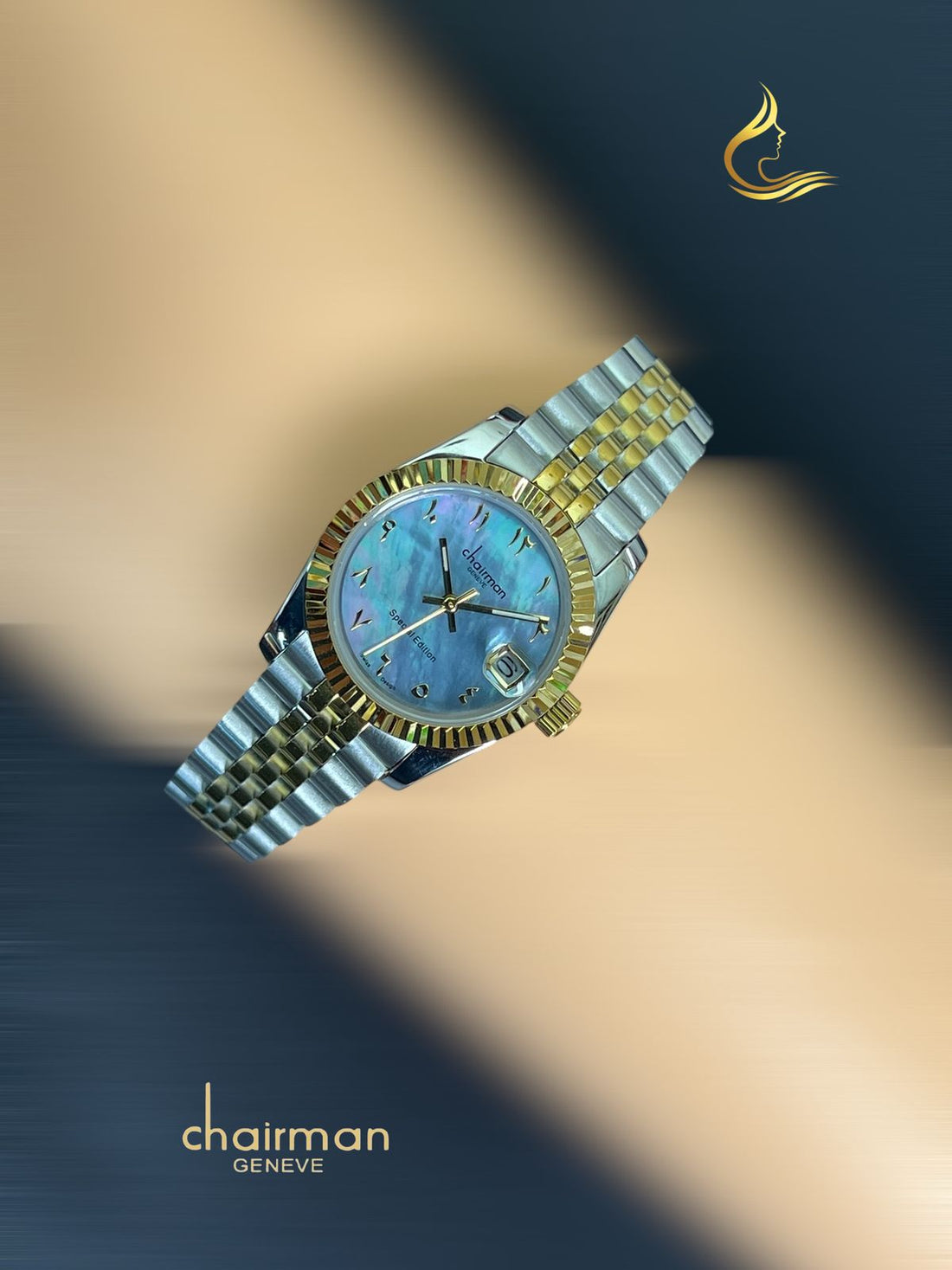 Sky Blue Arabic Dated Dial Silver And Gold Chairman Geneve Ladies Watch