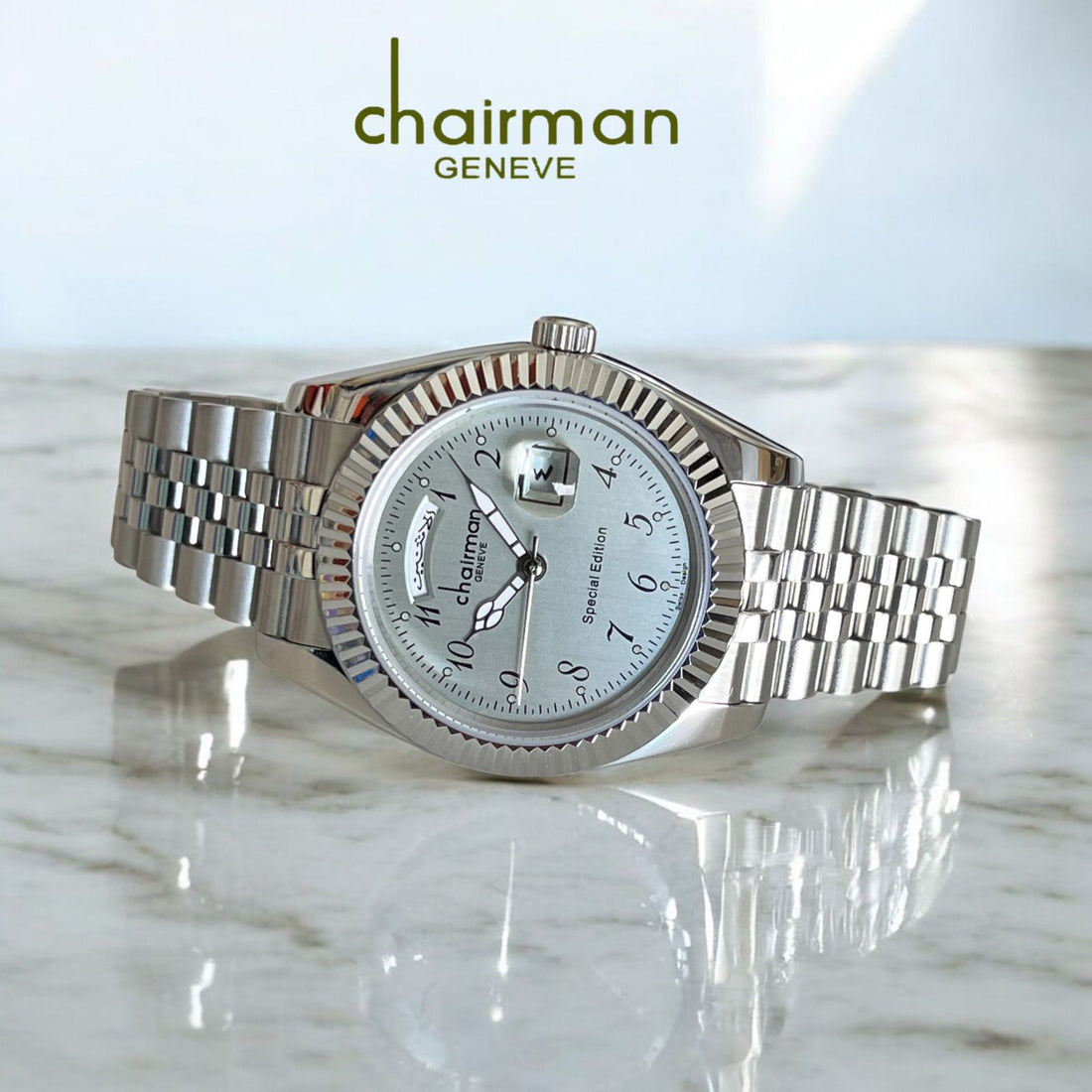 Special Edition Chairman Geneve Dated Baby Grey Dial Silver Chain Gents Watch