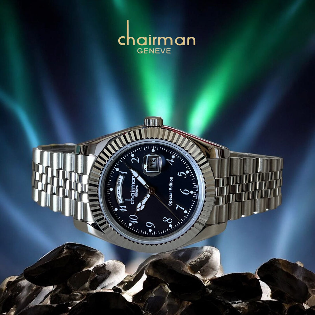 Special Edition Chairman Geneve Dated Black Dial Silver Chain Gents Watch