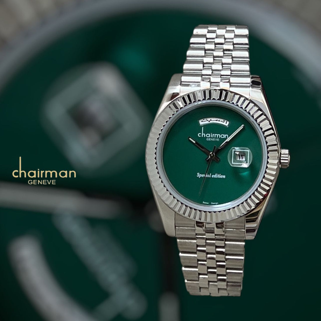 Special Edition Chairman Geneve Dated Green Dial Silver Chain Gents Watch