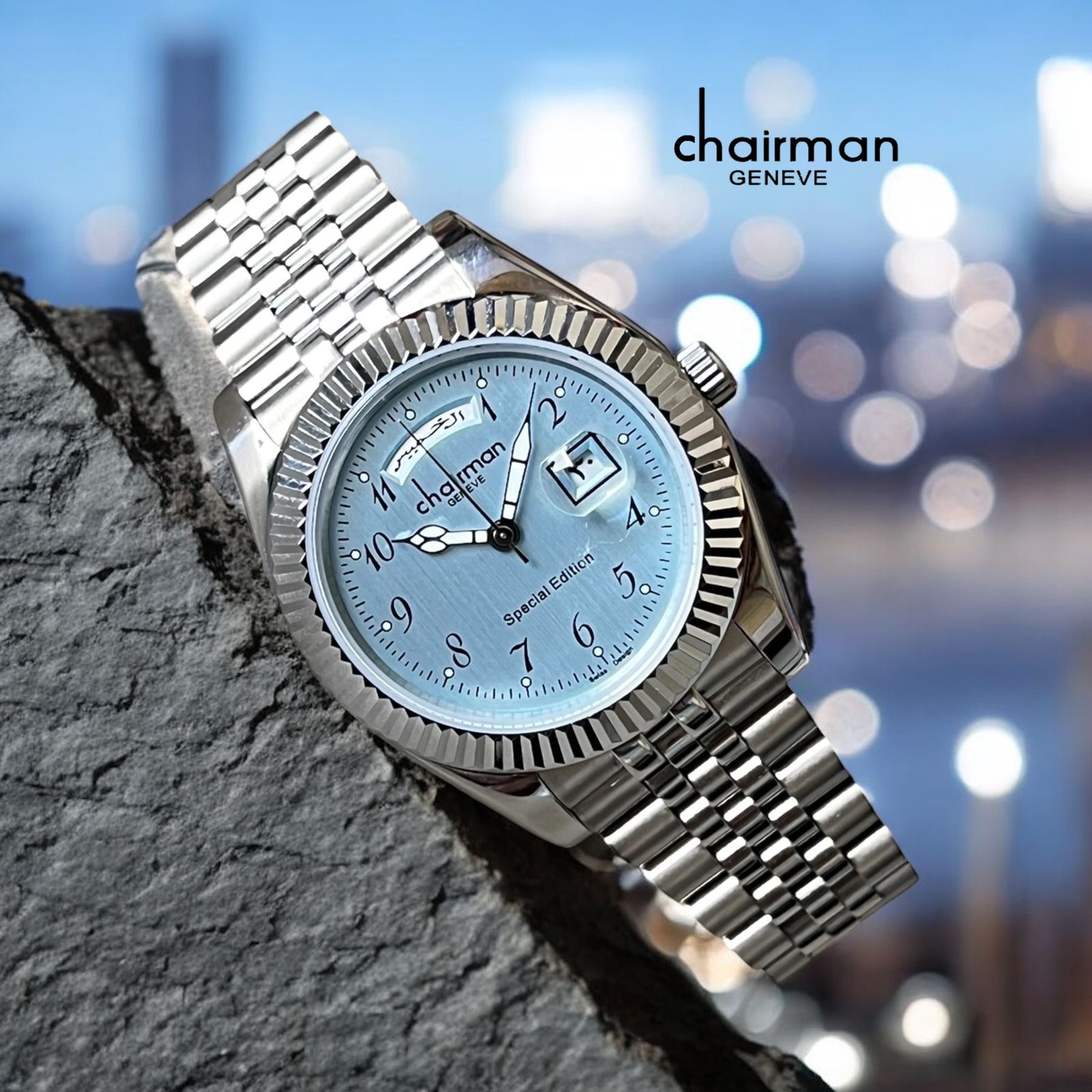 Special Edition Chairman Geneve Dated Blue Dial Silver Chain Gents Watch