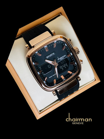 Sports Chairman Geneve Black And Golden Dial Black Gents Watch