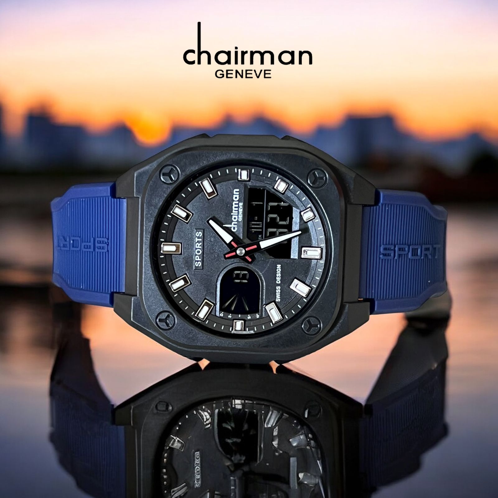 Sports Chairman Geneve Black Dial Blue Strap Gents Watch