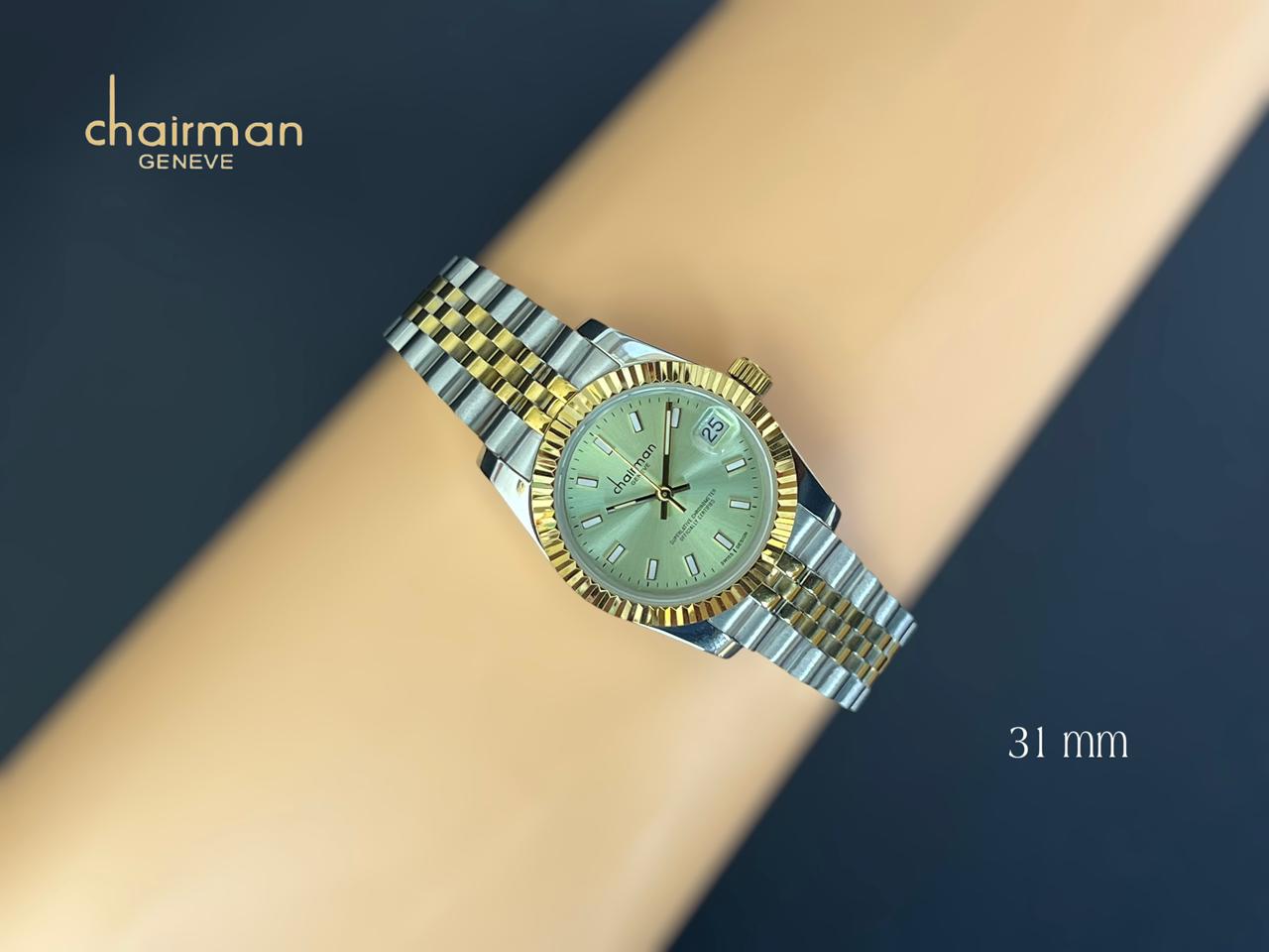 ساعة Superlative Chronometer Chairman Geneve Green Dated بمينا فضية وحزام ذهبي للرجال