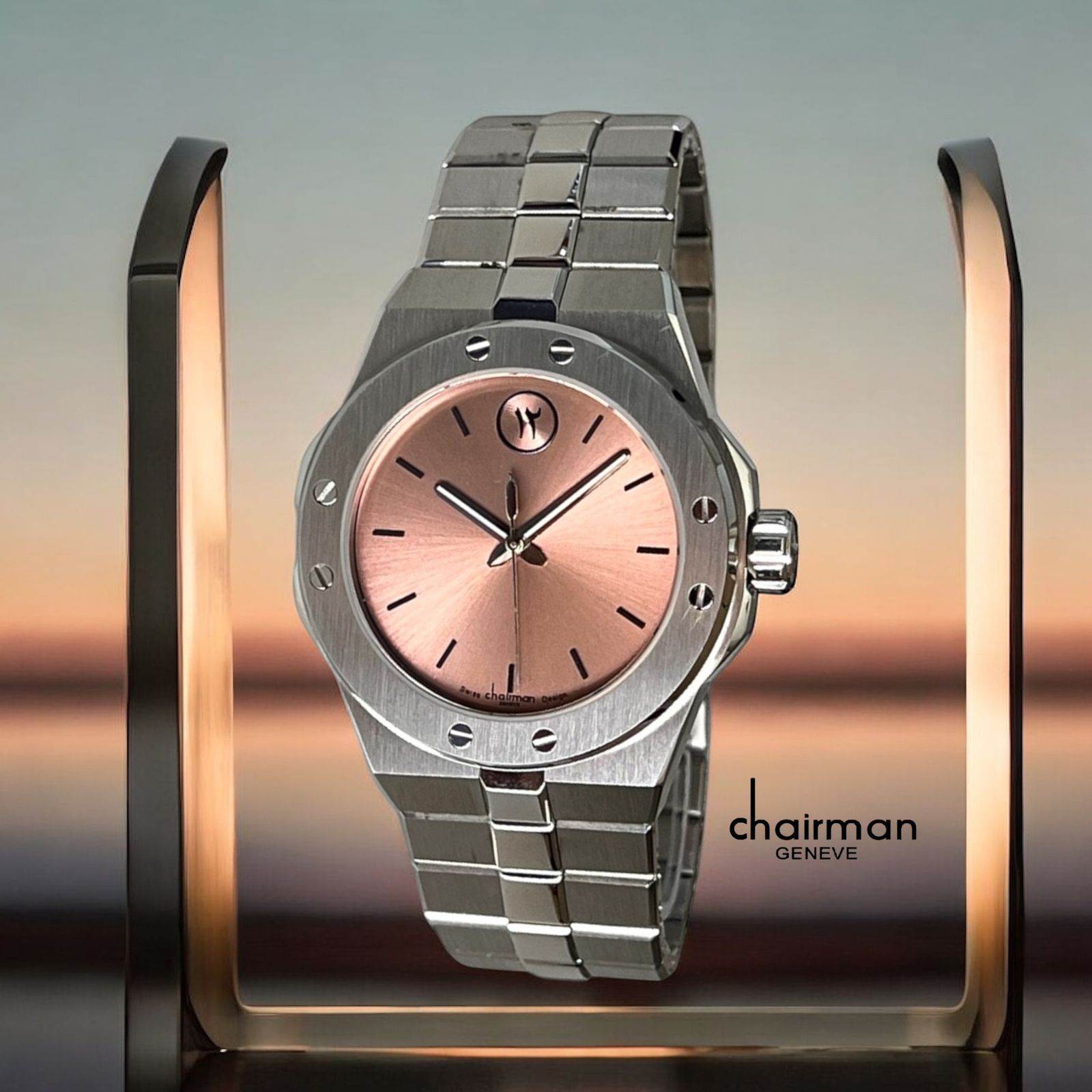Swiss Design Chairman Geneve Dated Pink Dial Silver Chain Gents Watch ...