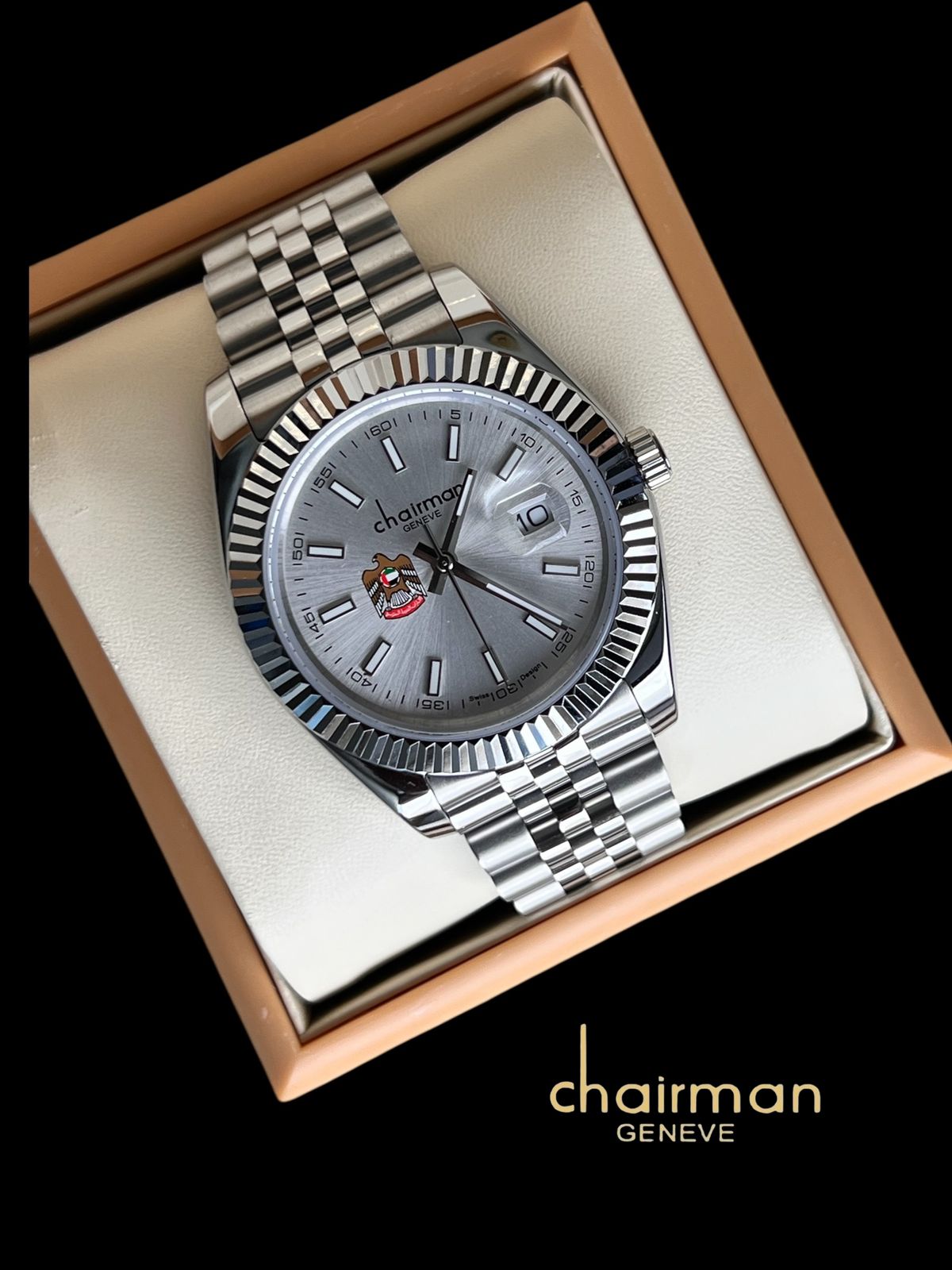 Swiss Design Chairman Geneve Dated UAE Emblem Grey Dial Silver Chain G ...