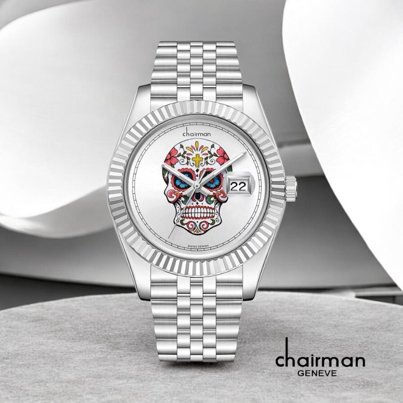 Swiss Design Chairman Geneve Dated White Dial Silver Chain Gents Watch ...