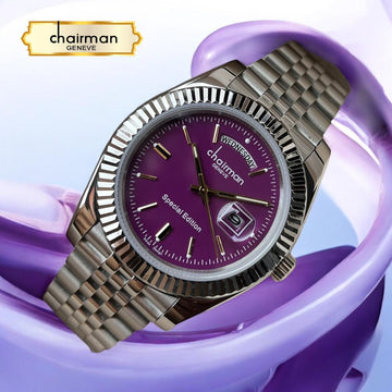 Swiss Design Chairman Geneve Day And Dated Purple Dial Silver Chain Gents Watch