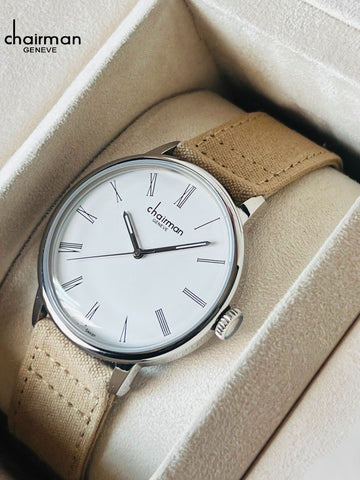 Swiss Design Chairman Geneve Roman White Dial Beige Strap Gents Watch