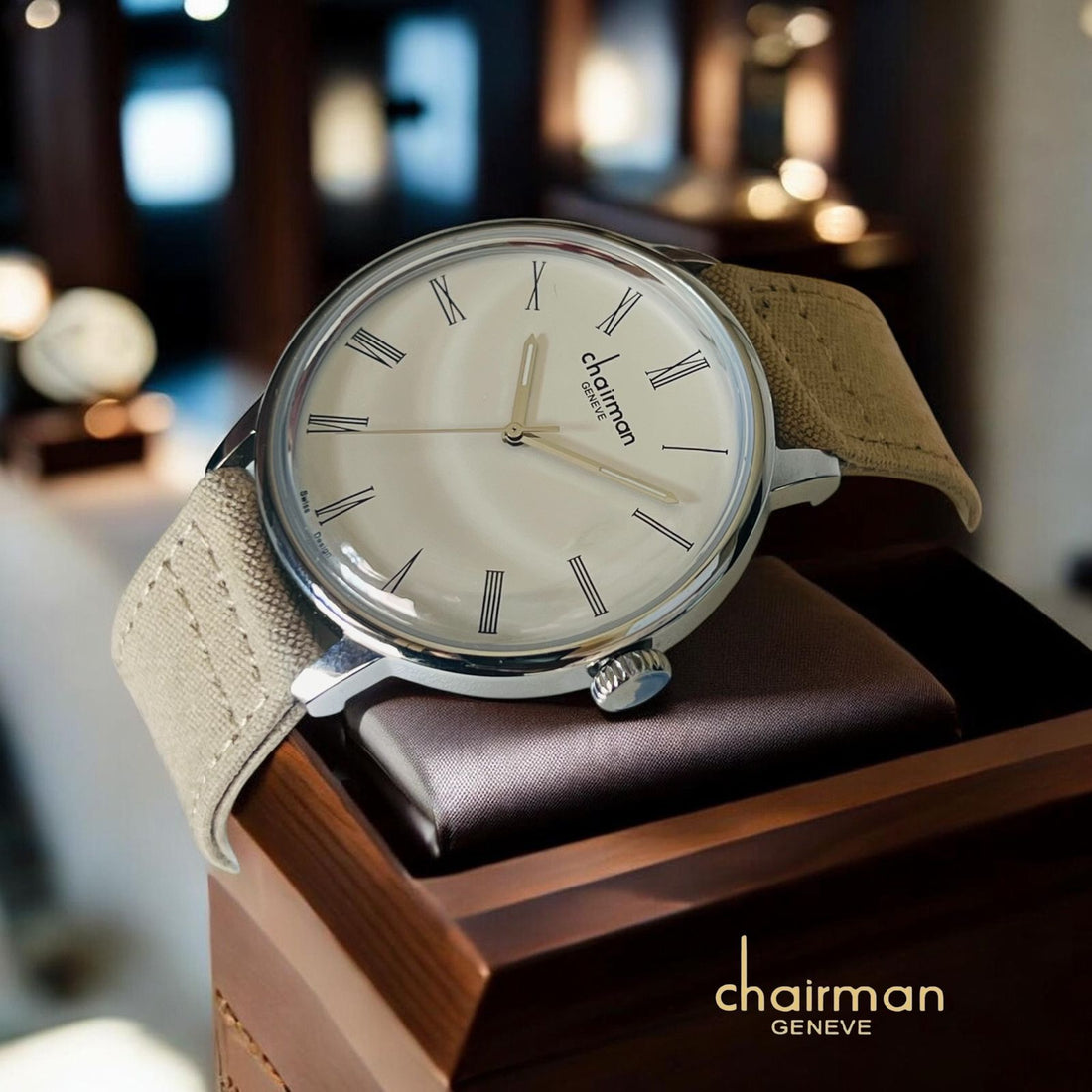Swiss Design Chairman Geneve Roman White Dial Beige Strap Gents Watch