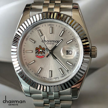 Swiss Design Chairman Geneve UAE Emblem Dated Grey Dial Silver Chain Gents Watch