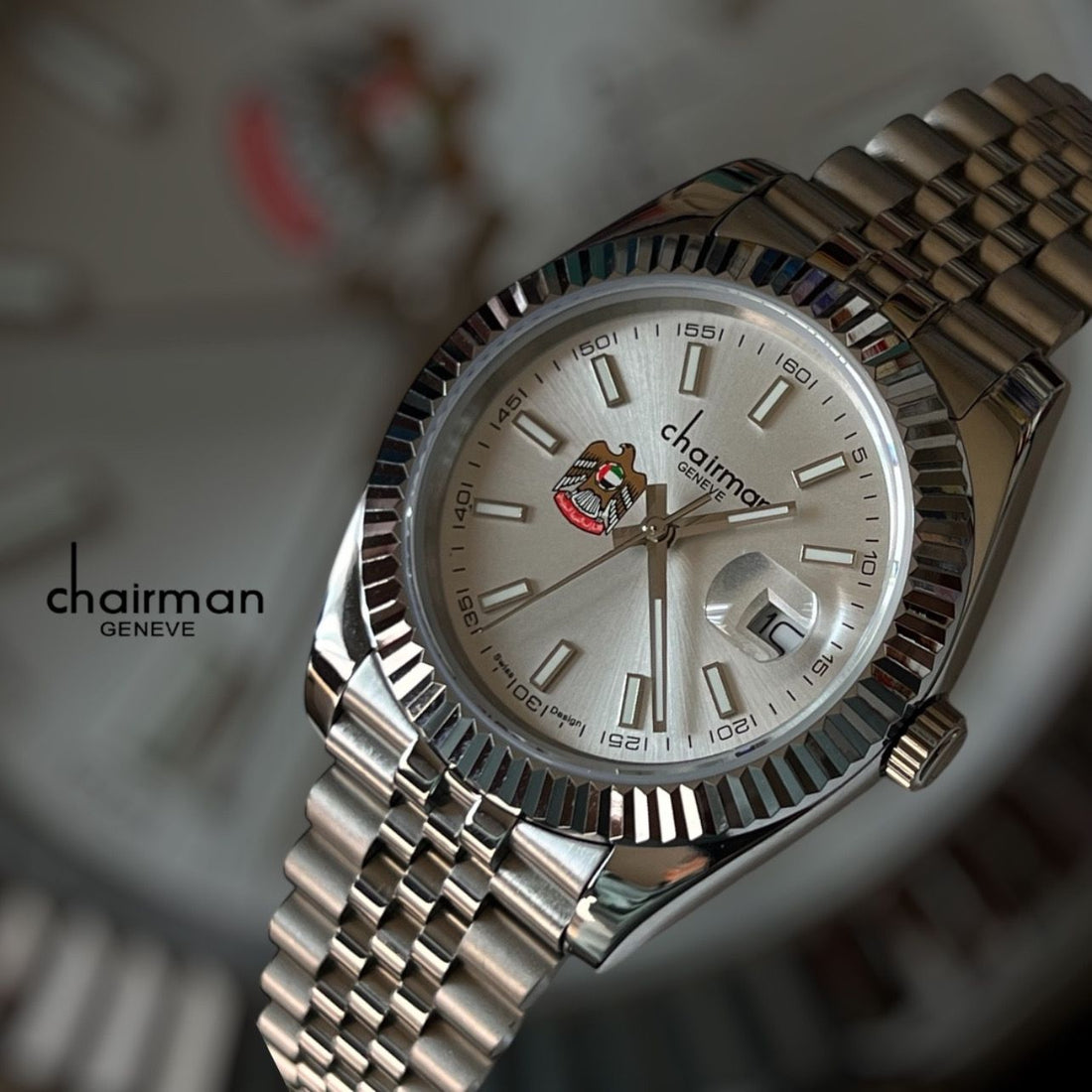 Swiss Design Chairman Geneve UAE Emblem Dated Grey Dial Silver Chain Gents Watch