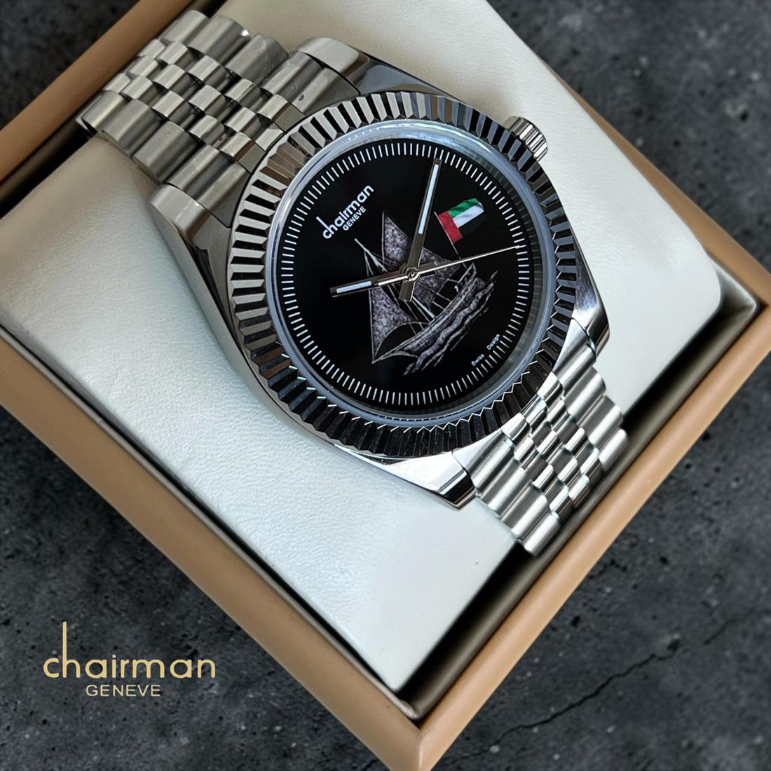 Swiss Design Chairman Geneve UAE Flag Black Dial Silver Chain Gents Watch