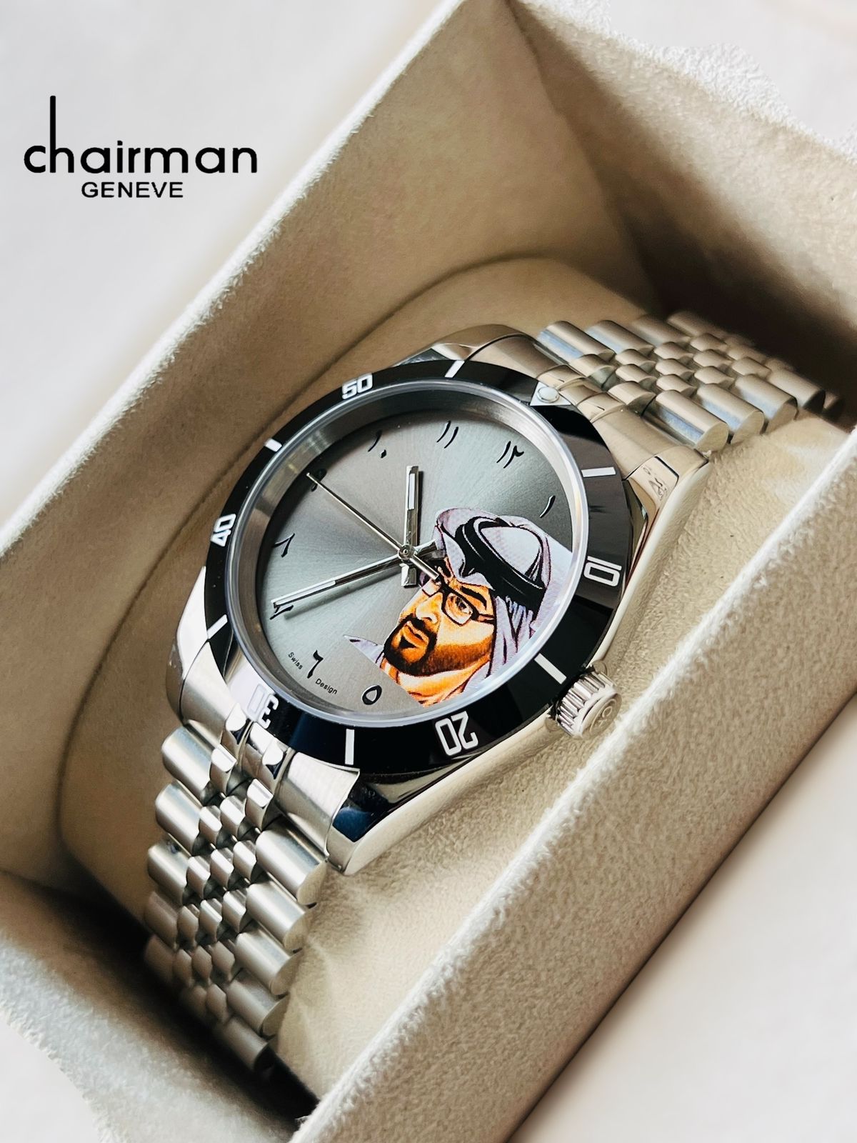 Swiss Design Chairman Geneve UAE Sheik Arabic Grey Dial Silver Chain Gents Watch