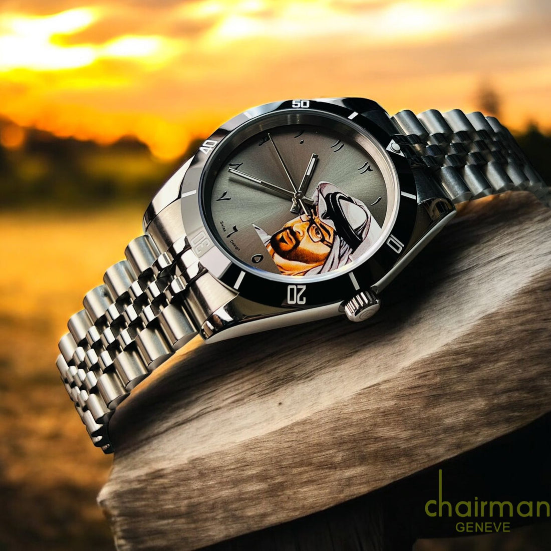 Swiss Design Chairman Geneve UAE Sheik Arabic Grey Dial Silver Chain Gents Watch