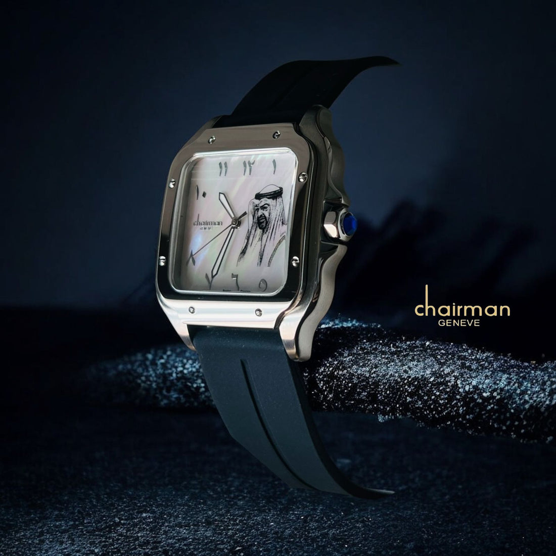 Swiss Design Chairman Geneve UAE Sheik Arabic White Marble Dial Black Strap Gents Watch