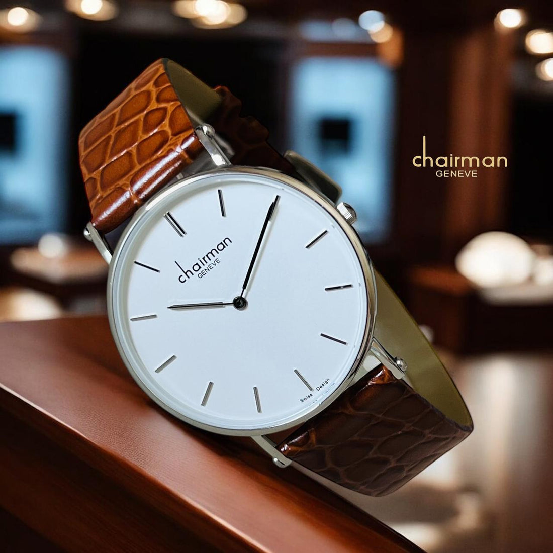 Swiss Design Chairman Geneve White Dial Brown Strap Gents Watch