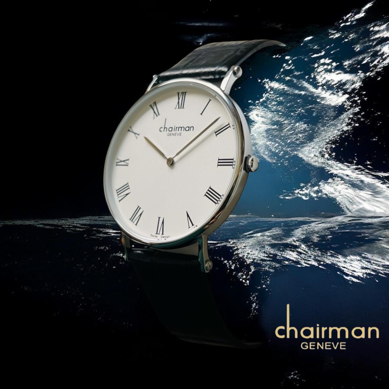 Swiss Design Chairman Geneve White Roman Dial Black Strap Gents Watch