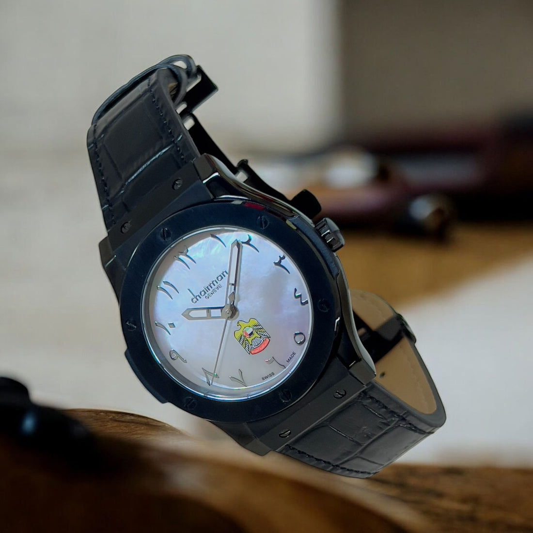 UAE Emblem Arabic White Dial Black Strap Gents Watch