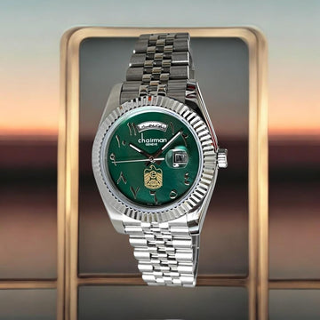 UAE Emblem Chairman Geneve Arabic Dated Green Dial Silver Chain Gents Watch