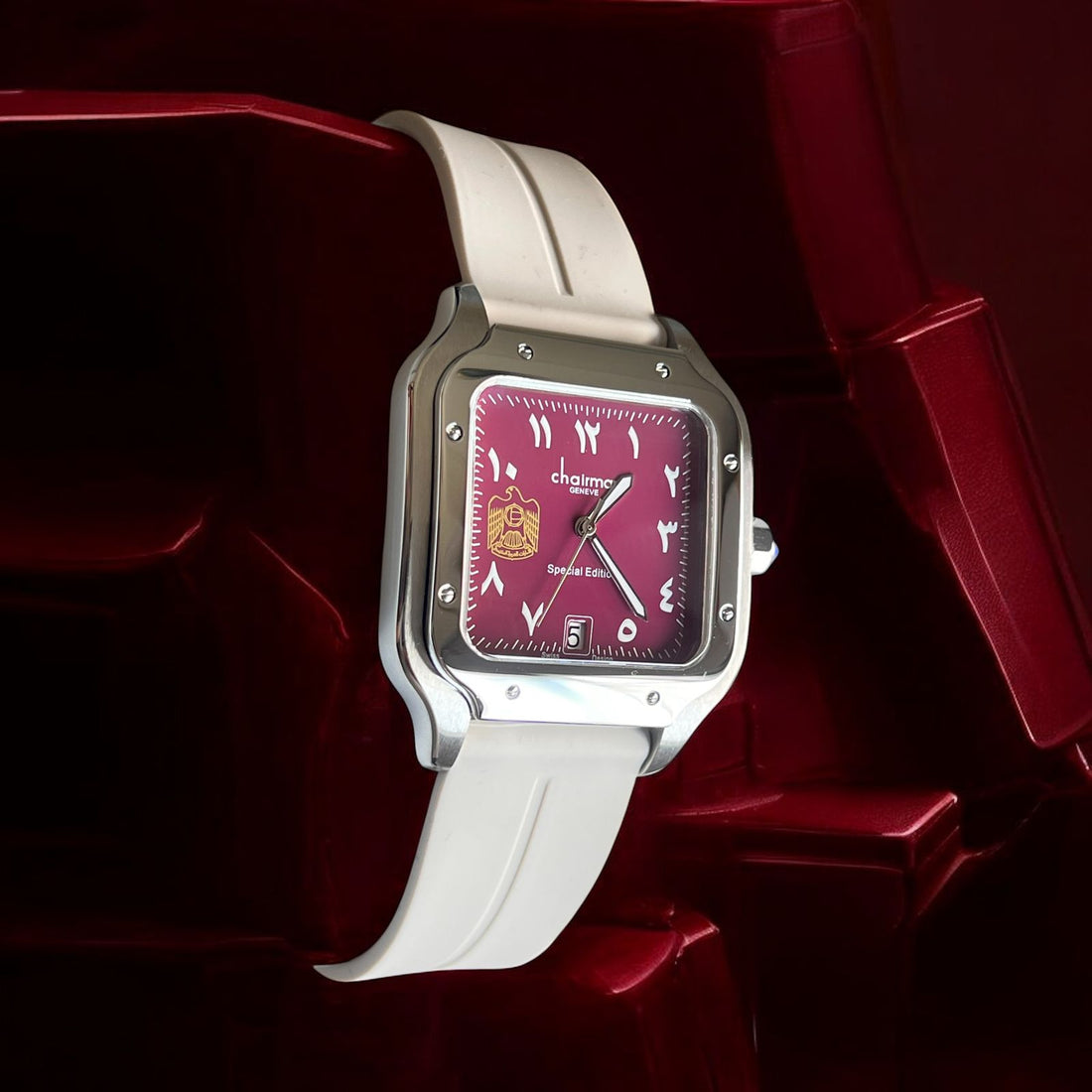 UAE Emblem Chairman Geneve Arabic Dated Maroon Dial Beige Strap Gents Watch