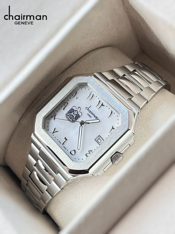 UAE Emblem Chairman Geneve Dated Arabic Baby Grey Dial Silver Chain Gents Watch