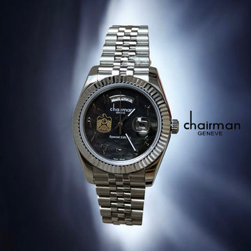 UAE Emblem Chairman Geneve Dated Arabic Black Dial Silver Chain Gents Watch