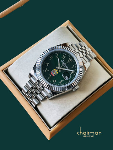UAE Emblem Chairman Geneve Dated Arabic Green Dial Silver Chain Gents Watch