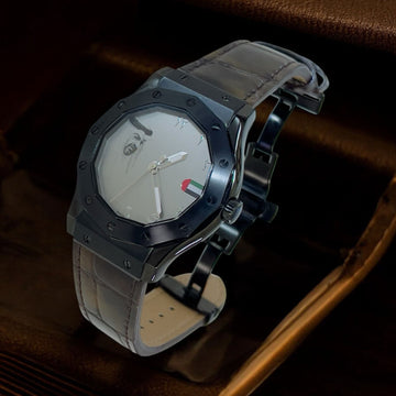 UAE Emblem Sheik Chairman Geneve Arabic Grey Dial Brown Strap Gents Watch