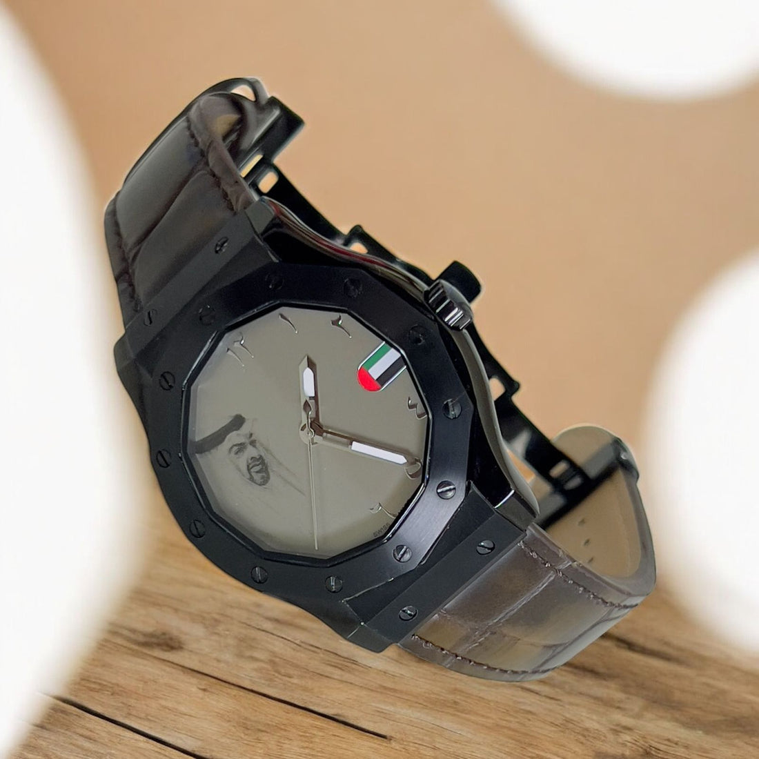 UAE Emblem Sheik Chairman Geneve Arabic Grey Dial Brown Strap Gents Watch