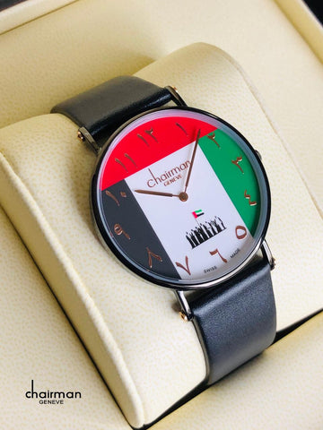 UAE Flag Chairman Geneve Arabic Red Green White Black Dial Black Strap Gents Watch