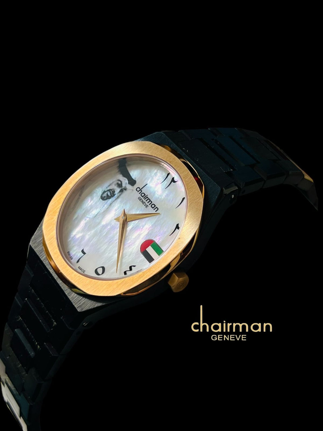 UAE Flag Chairman Geneve Arabic White Marble Dial Black Gents Watch
