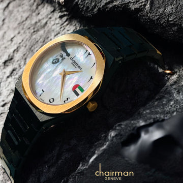 UAE Flag Chairman Geneve Arabic White Marble Dial Black Gents Watch