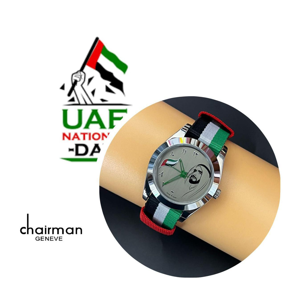 UAE Flag Sheik Photo Chairman Geneve Arabic Grey Dial UAE Flag Color Strap Gents Watch