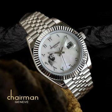 UAE Sheik Chairman Geneve Dated Arabic White Dial Silver Chain Gents Watch