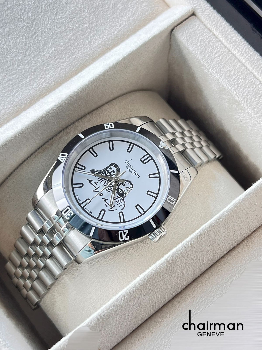 UAE Sheik Chairman Geneve White Dial Silver Chain Gents Watch