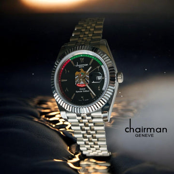 UAE Emblem Chairman Geneve Arabic Dated Black Dial Silver Chain Gents Watch