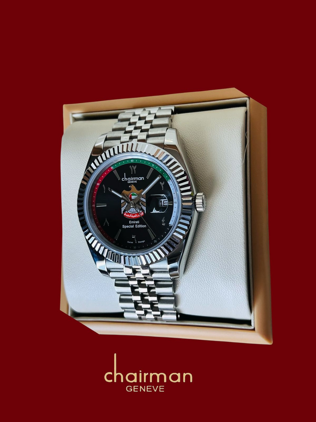 UAE Emblem Chairman Geneve Arabic Dated Black Dial Silver Chain Gents Watch